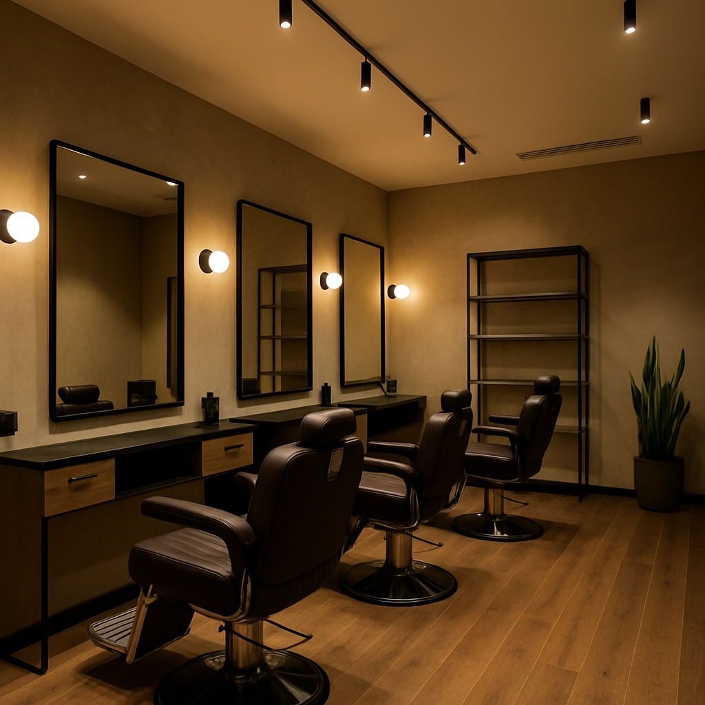 Modern inviting interior of a masculine barber shop with barber stations and ambient lighting