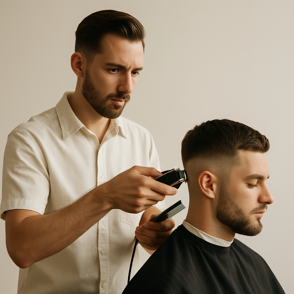 Barber performing a precision fade haircut on a male client